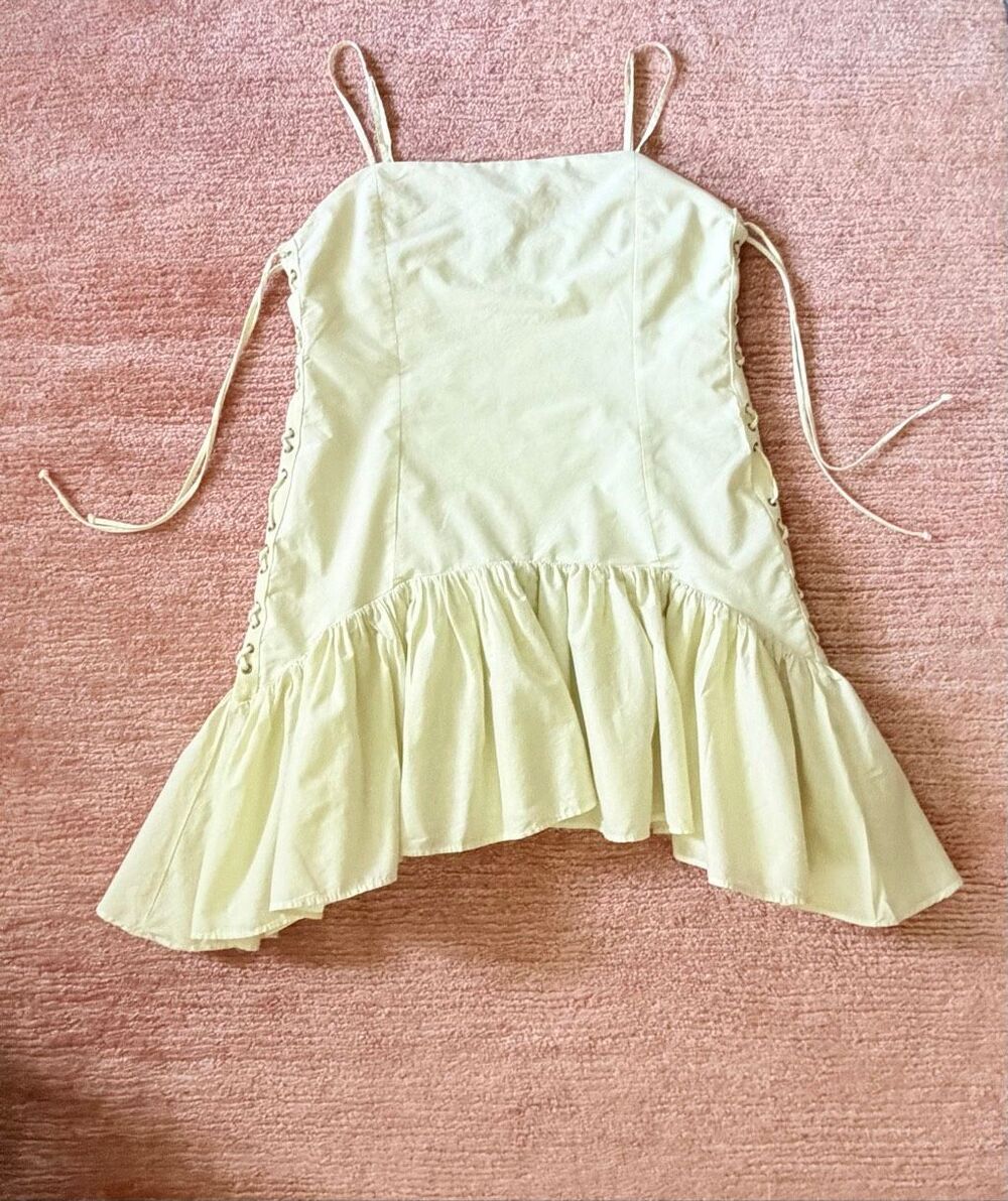 Zara S Yellow Cotton Peplum Mini Dress Lace Up Sides Adjustable Straps